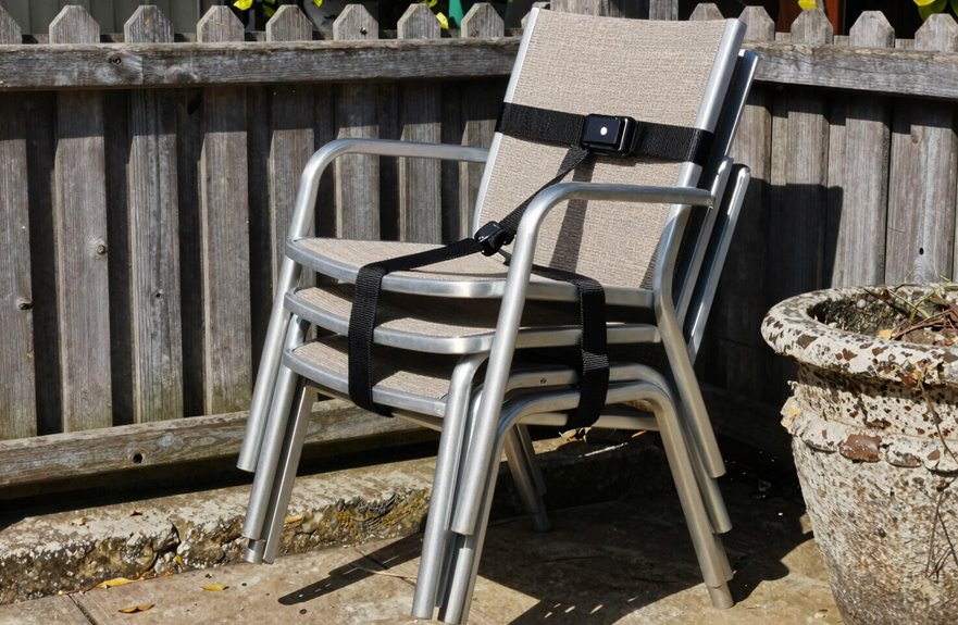 How to Keep Outdoor Furniture From Blowing Away 3 stacked chairs secured for wind protection