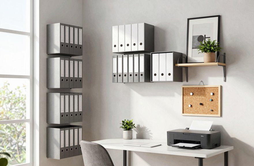 vertical storage above desk organized
