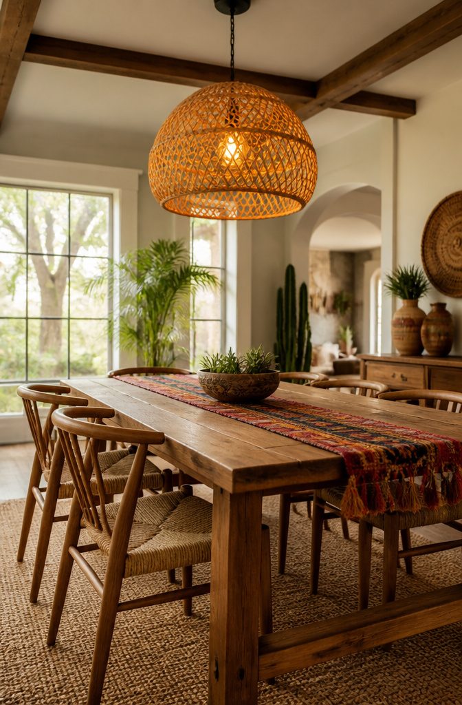 A woven pendant light hanging over a dining table.
