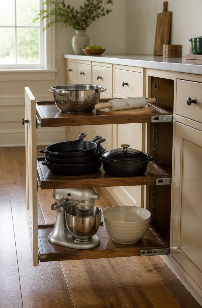 Kitchen Cabinet Pull Out Shelves and Organizers 11 A deep cabinet with fully extended pull-out shelves showing organized tools.