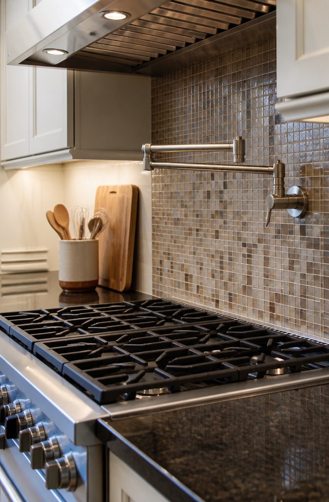 5 Pot Filler Faucet Types for Kitchen Stoves & Range Water Faucets 6 An articulated spout pot filler faucet above a modern cooktop.