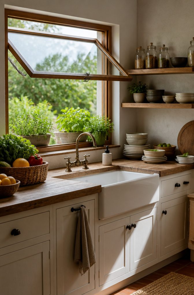 15 Kitchen Window Styles for Light, Views & Fresh Air 5 An awning window above a rustic kitchen sink allowing for ventilation.