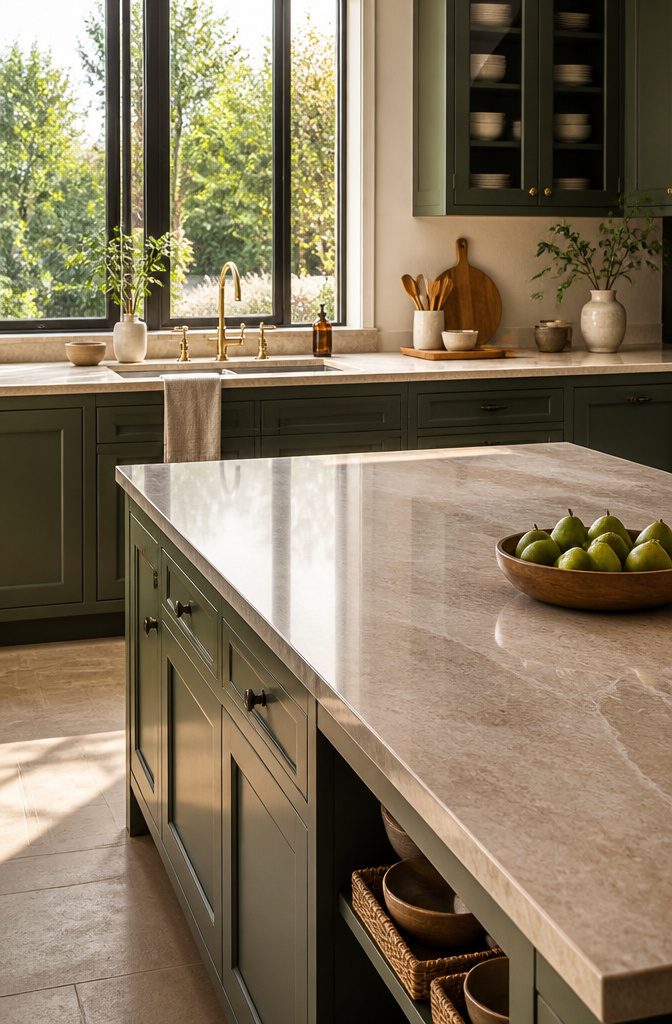 7 Beige and Green Kitchen Ideas for Cabinets, Countertops, and Accents 5 Expansive light beige stone countertops in a kitchen.