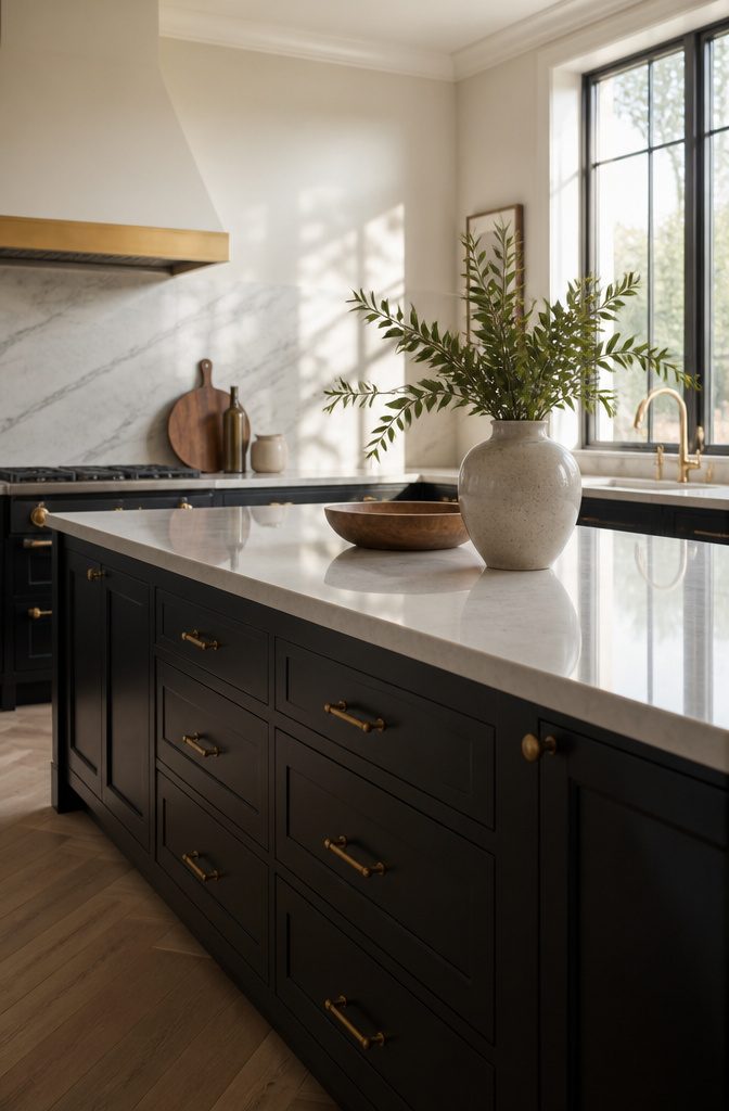 Neutral Kitchen Colors: 10 Ideas for a Timeless Space 11 Lower cabinets in black contrast with lighter countertops.