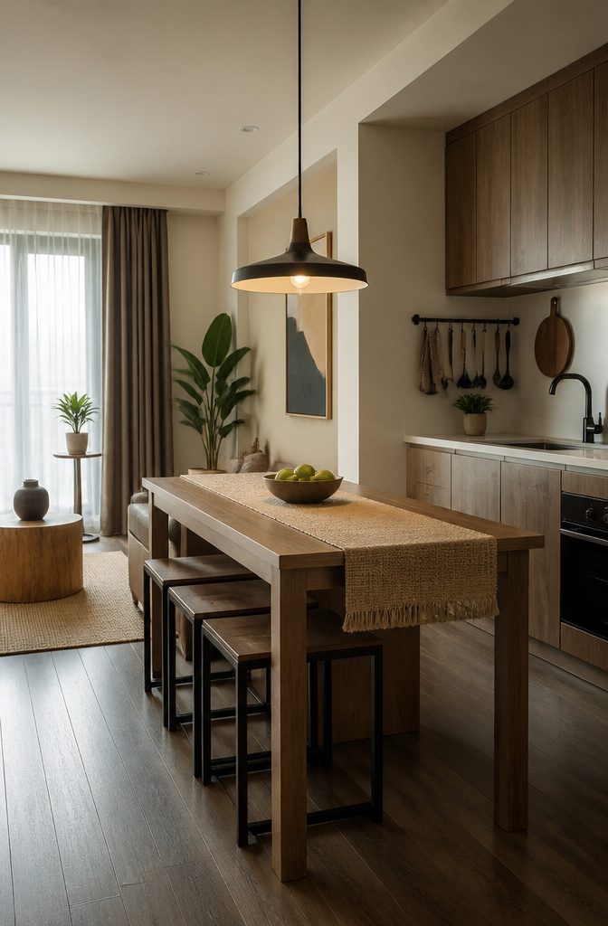 20 Small Apartment Dining Room Ideas for Tight Spaces 12 Low-profile pendant light hanging over a compact dining table.