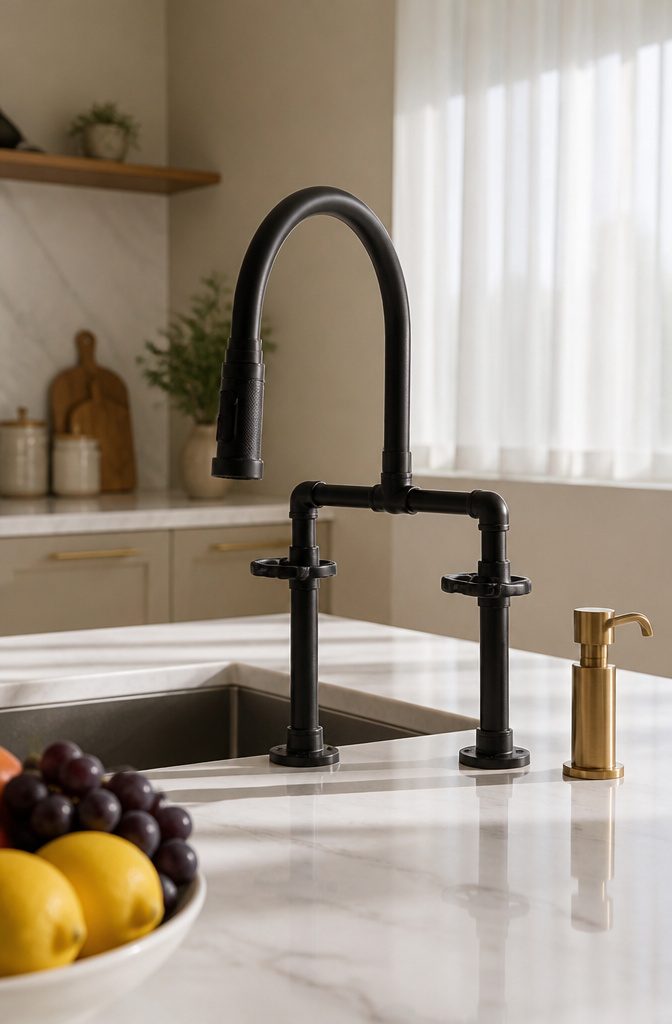 Modern Kitchen Faucets: Seven Styles Compared for Your Home 6 Bridge faucet showing visible piping above the sink.