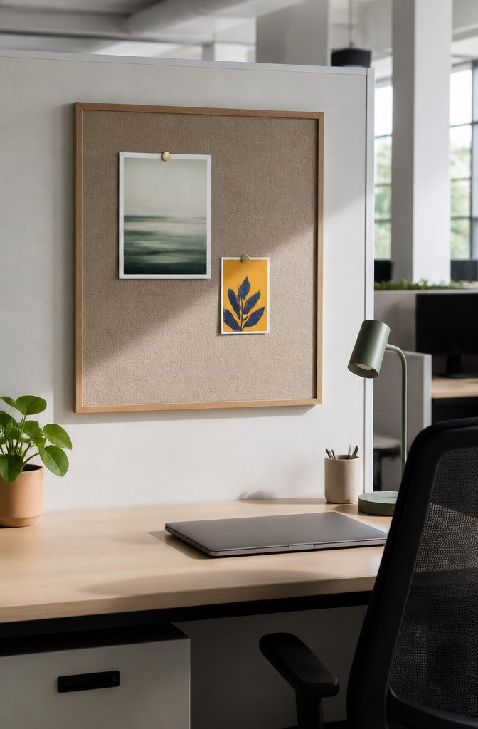 14 Open Space Office Decor Ideas That Balance Style and Function 9 A felt board framed in oak displaying a few items.