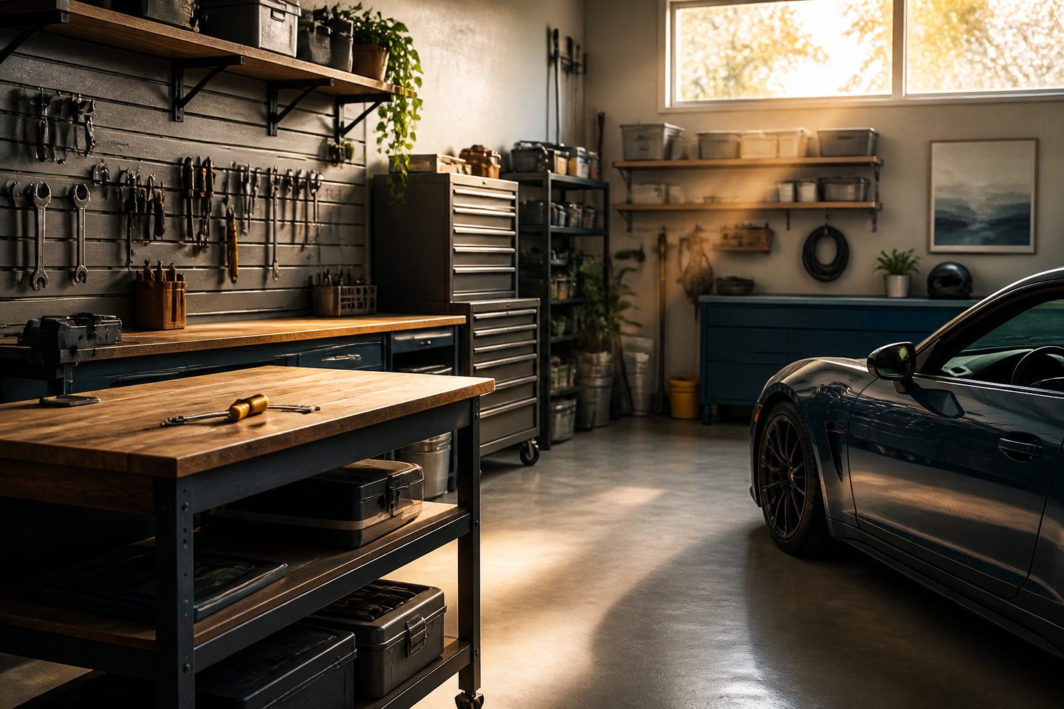 A spacious garage workshop with tools and work surfaces arranged efficiently.