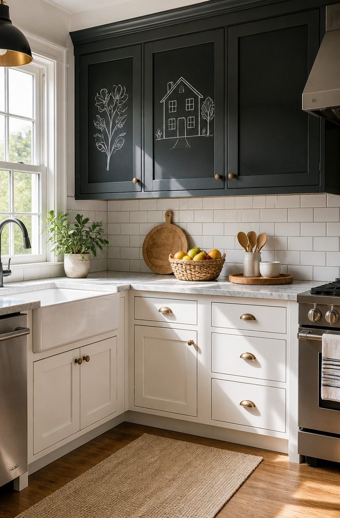 20 Unique Kitchen Cabinet Ideas for 2026 Renovations 11 Cabinet door painted with chalkboard paint for notes.