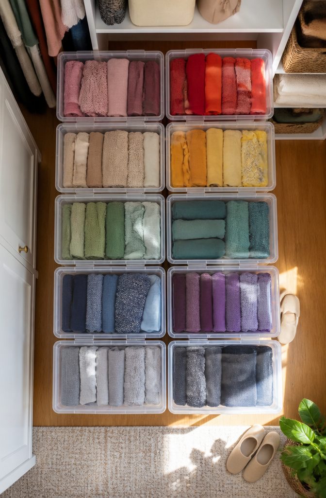 10 Small Apartment Storage Hacks to Reclaim Every Square Foot 10 Clear storage bins stacked in a closet for organized visibility.