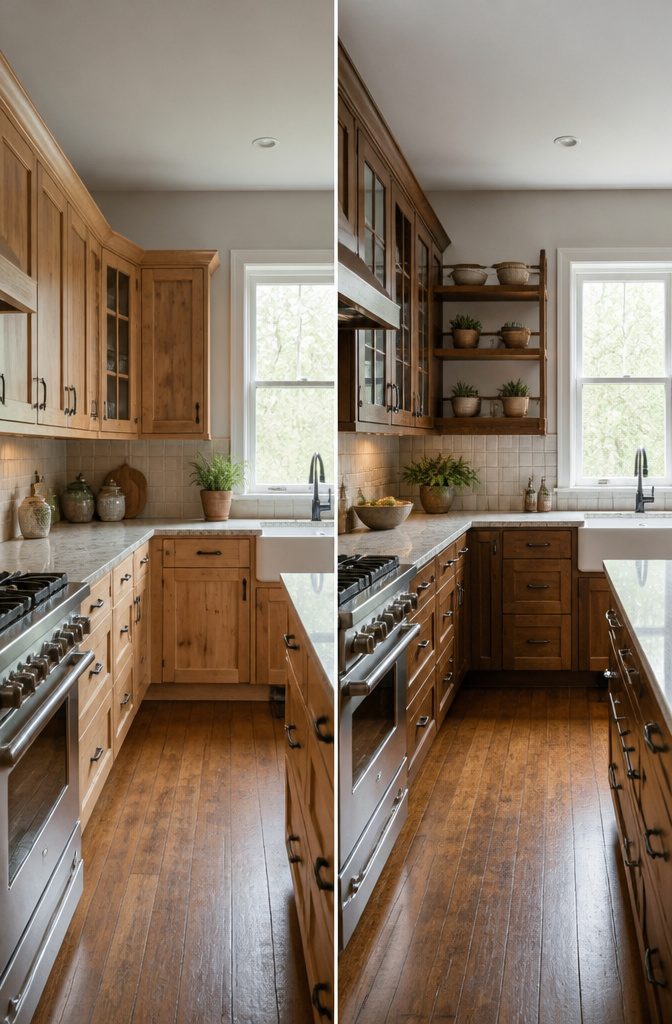 Rustic Kitchen Cabinets: Ideas for Wood, Paint and Hardware 13 Color palette of warm wood tones and soft greys in a rustic kitchen.