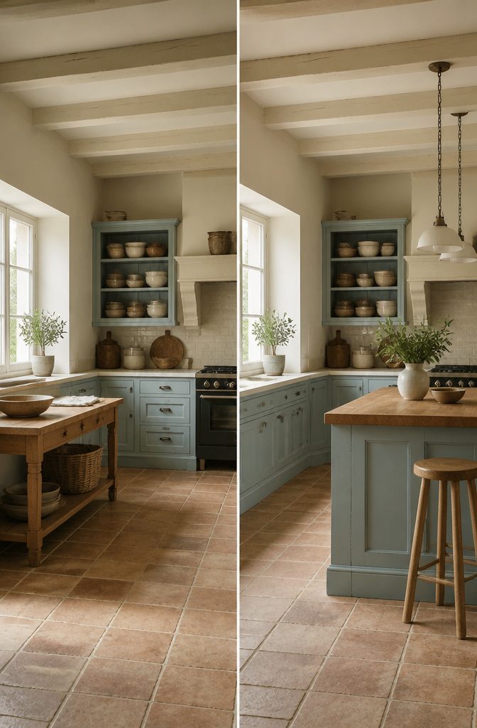 A kitchen with a muted color palette of warm whites and soft colors.