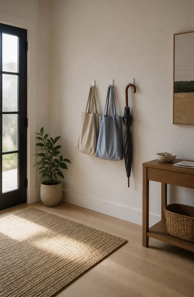Home Storage and Organization: 20 Products That Keep Spaces Tidy 5 Adhesive hooks mounted on a wall holding various lightweight items.