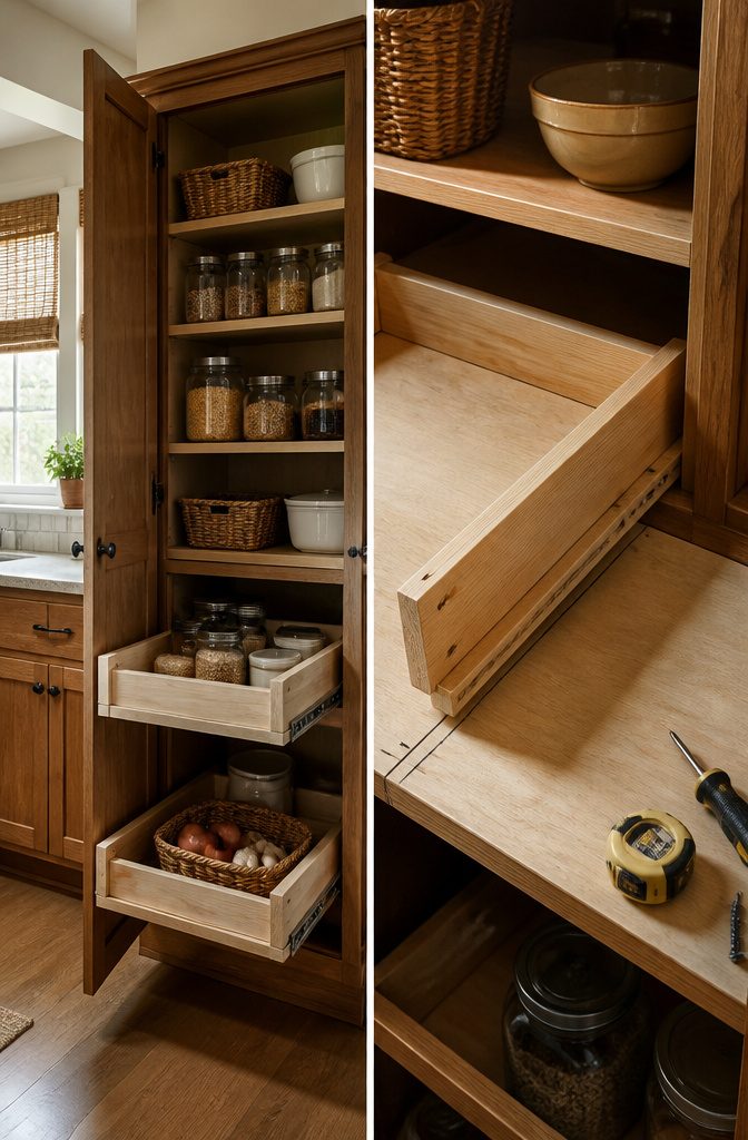How to Build Rolling Pantry DIY Pull Out Shelves in 7 Steps 13 An existing shelf being modified to become a pull-out pantry drawer.