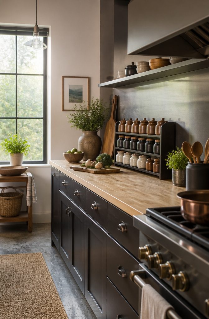A countertop spice rack filled with jars of spices in a kitchen.