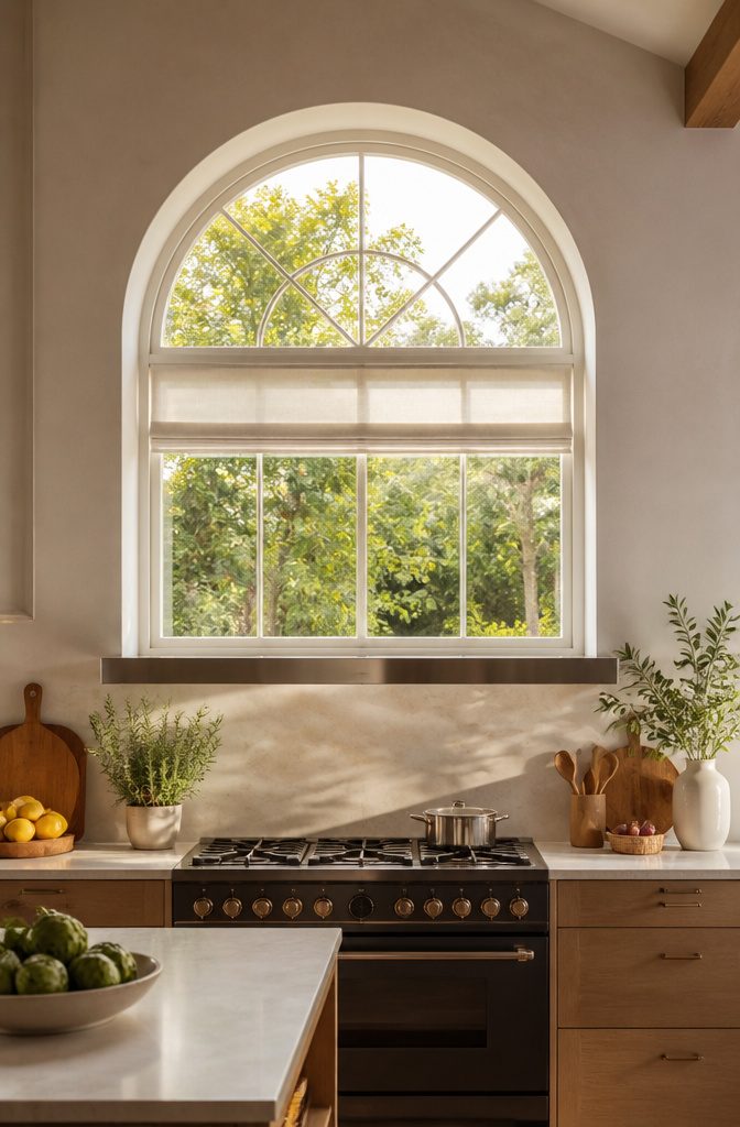 15 Kitchen Window Styles for Light, Views & Fresh Air 16 An arched window above a kitchen sink for aesthetic appeal.