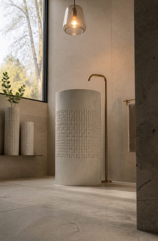 8 Bathroom Sink Designs From Leading Italian and Global Brands 4 Dawn sink featuring a solid marble cylinder with a textured grid pattern.