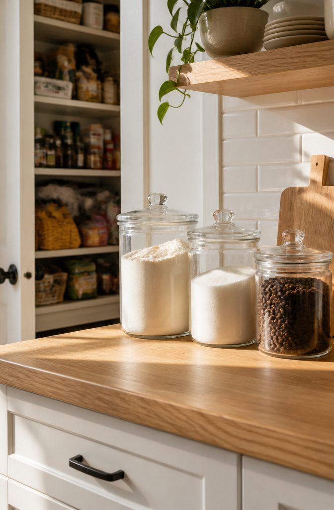 10 Functional Kitchen Counter Organization Ideas for Real Life 7 Labeled glass canisters containing flour, sugar, and coffee on a counter.