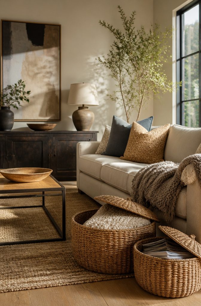 Home Storage and Organization: 20 Products That Keep Spaces Tidy 21 Stylish decorative bins filled with throws and magazines in a living room.