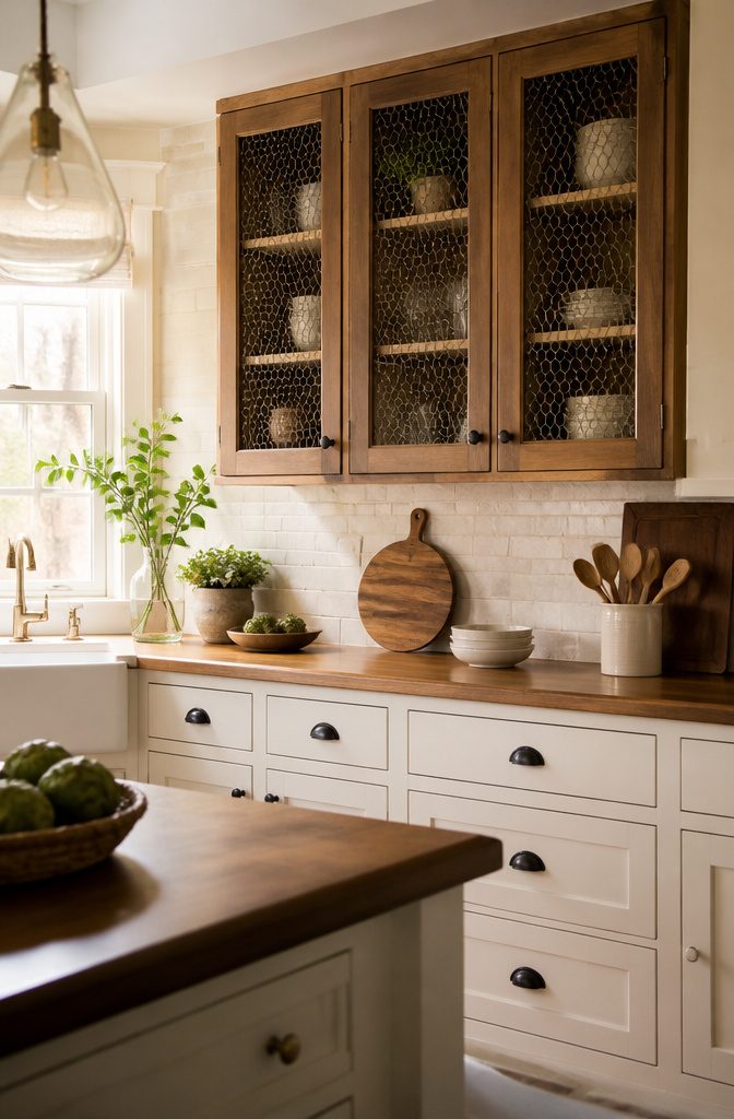 20 Unique Kitchen Cabinet Ideas for 2026 Renovations 20 Cabinet doors featuring metal mesh inserts for ventilation.