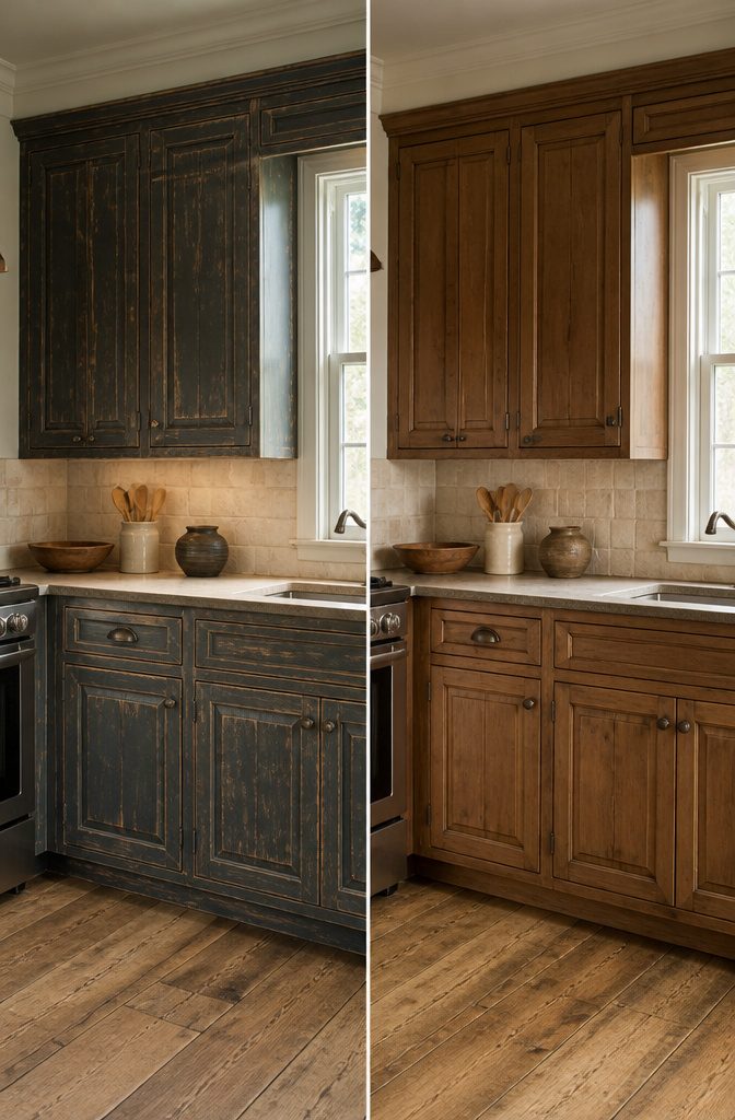 Rustic Kitchen Cabinets: Ideas for Wood, Paint and Hardware 7 Close-up of wire-brushed cabinet finish with a distressed appearance.