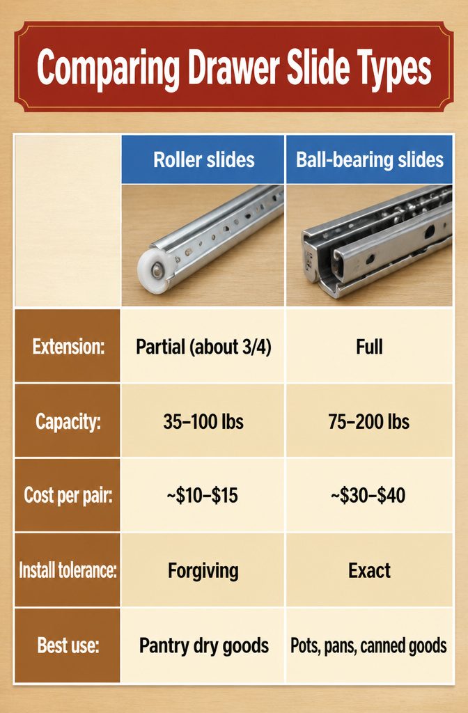 How to Build DIY Pull Out Drawers in Kitchen Cabinets in 7 Steps 9 An information graphic comparing roller slides and ball-bearing slides.