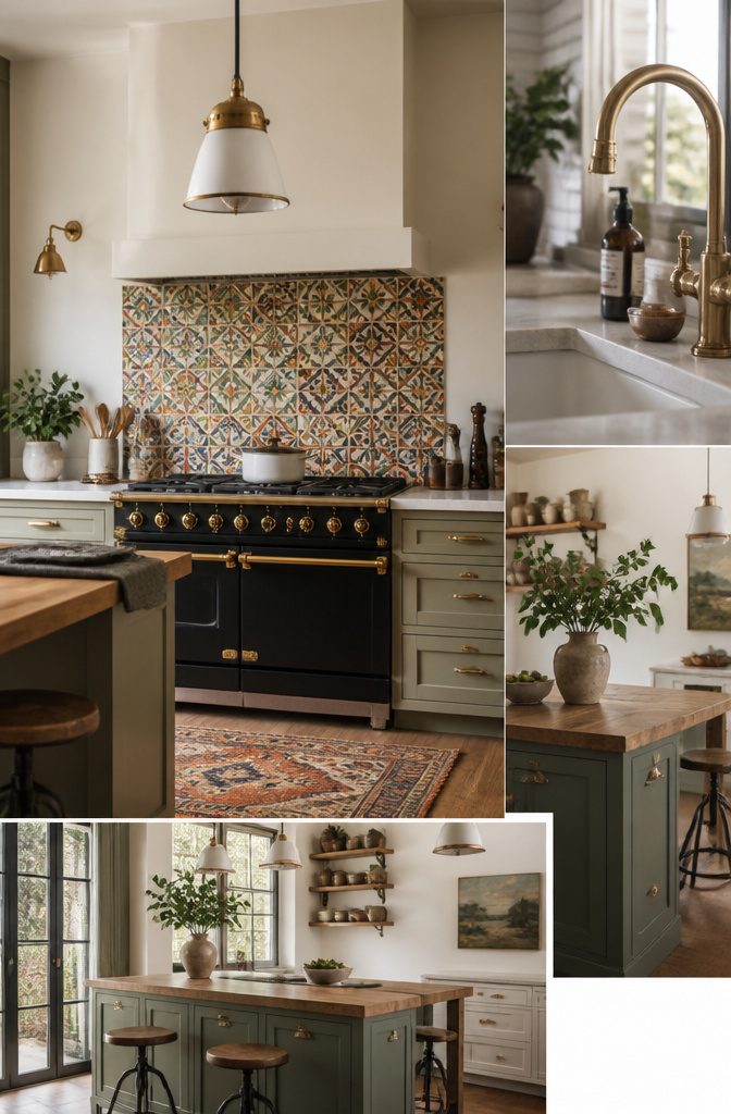 An eclectic kitchen with mixed metal finishes and vintage decor.