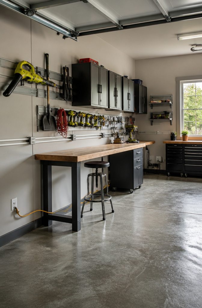Car Garage Workshop Setup: Layout, Storage, Lighting & More 7 A row of electrical outlets installed along the garage walls.