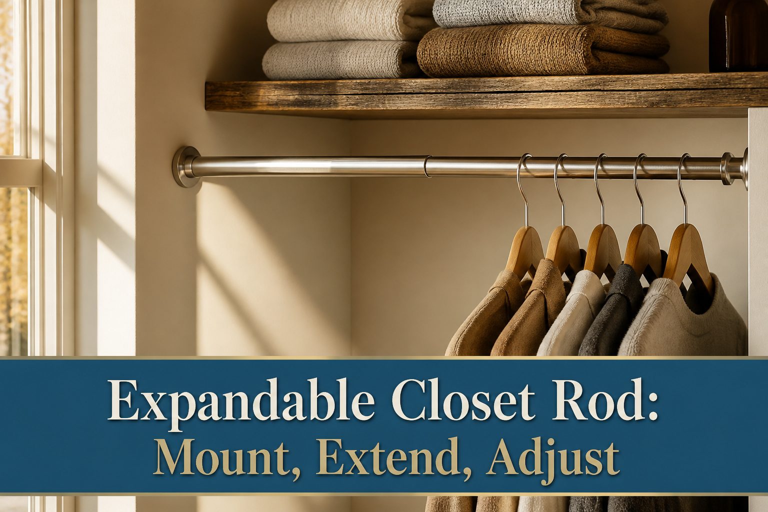Expandable closet rod mounted to cabinet with adjustable height.