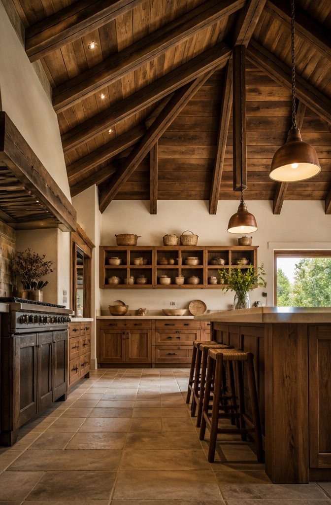 Exposed wooden rafters in the ceiling of a country kitchen.