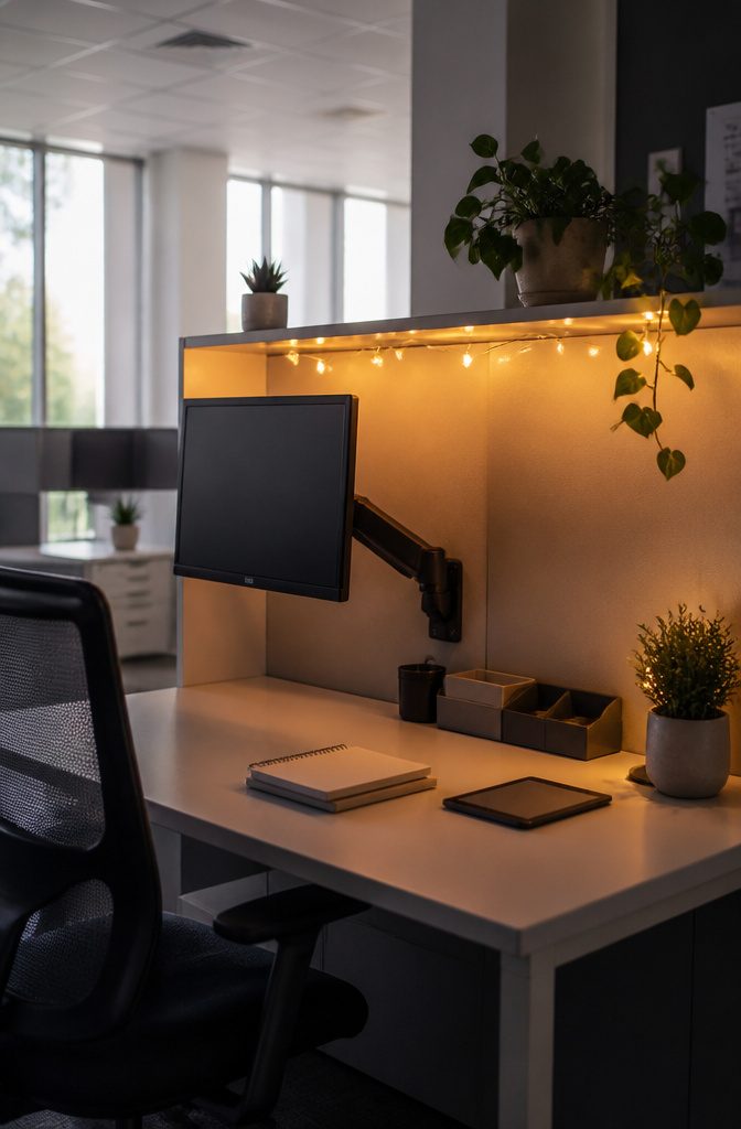 14 Open Space Office Decor Ideas That Balance Style and Function 4 A desk hutch with fairy lights and office supplies.