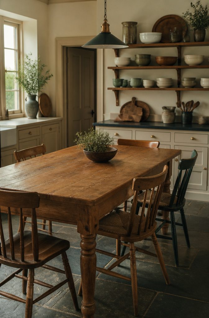 A rustic pine farmhouse table surrounded by eclectic chairs.