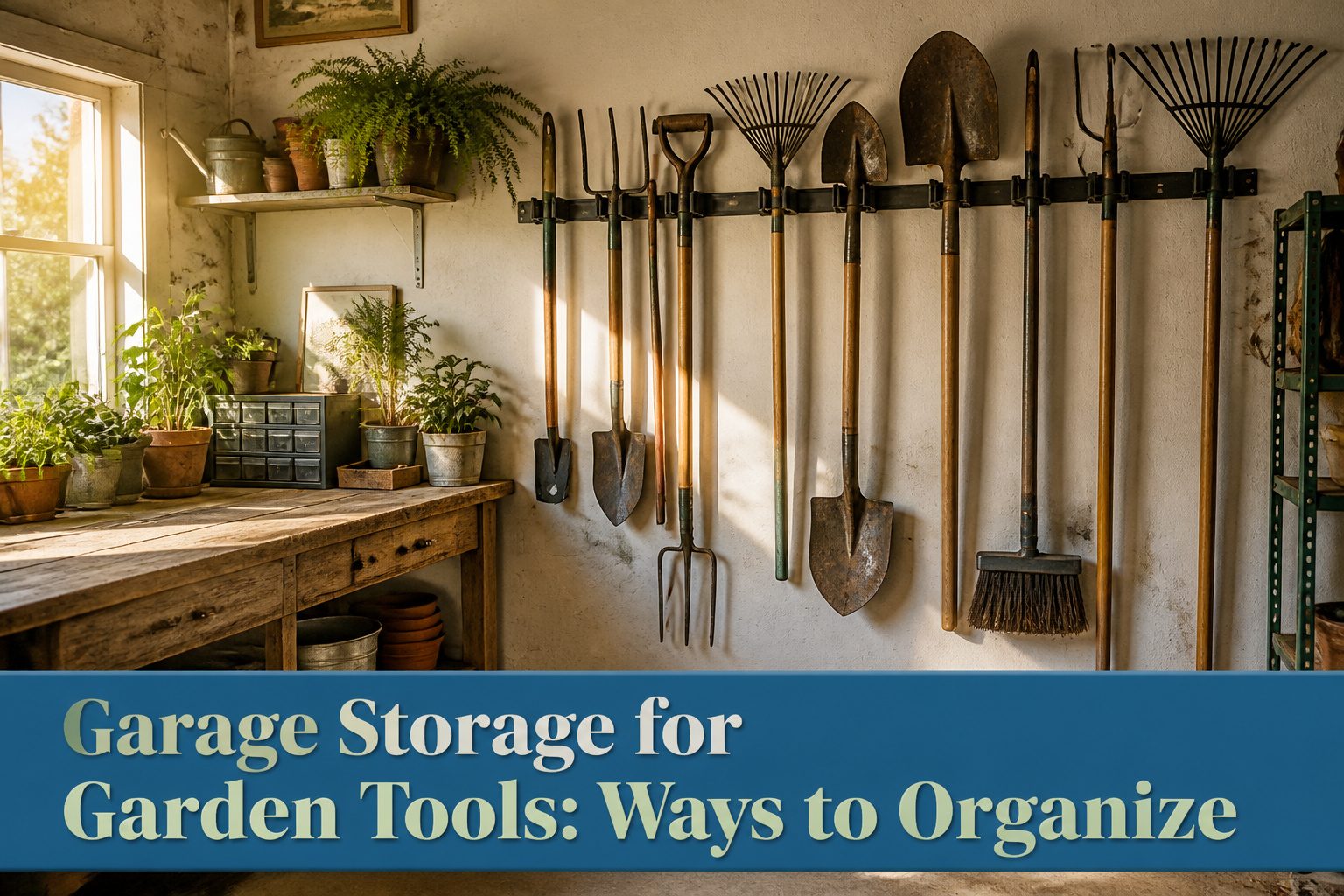 A garage with organized garden tools and storage solutions.