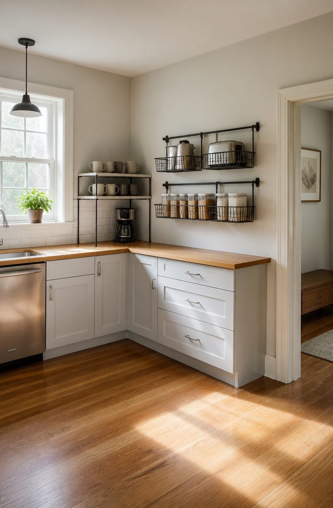 10 Functional Kitchen Counter Organization Ideas for Real Life 2 Wire baskets mounted on the wall with various kitchen items inside.