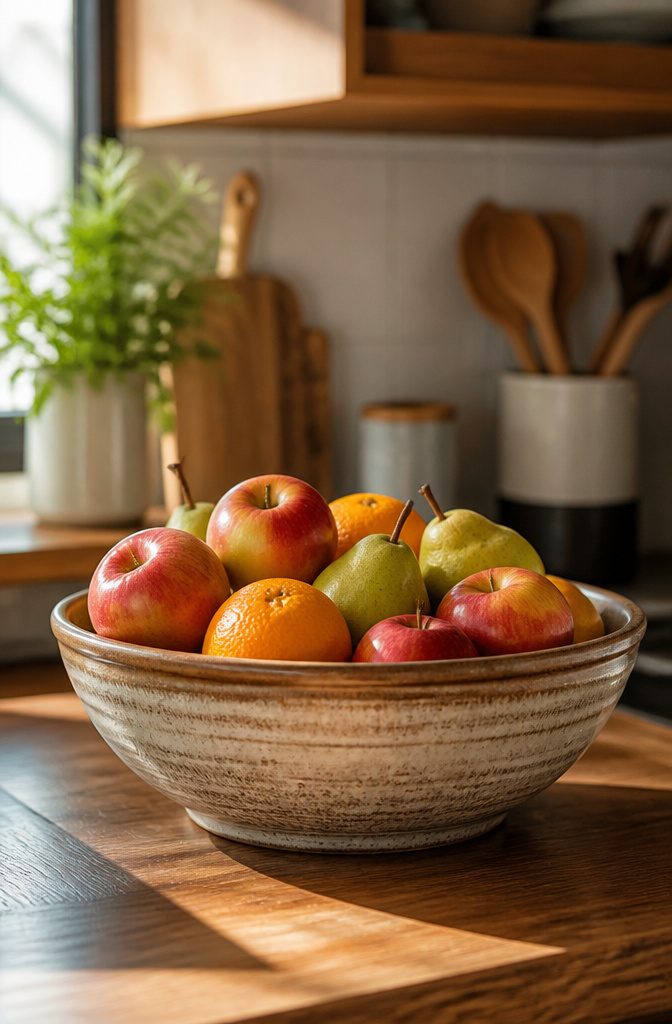 10 Functional Kitchen Counter Organization Ideas for Real Life 8 A ceramic fruit bowl filled with apples and oranges on a kitchen counter.