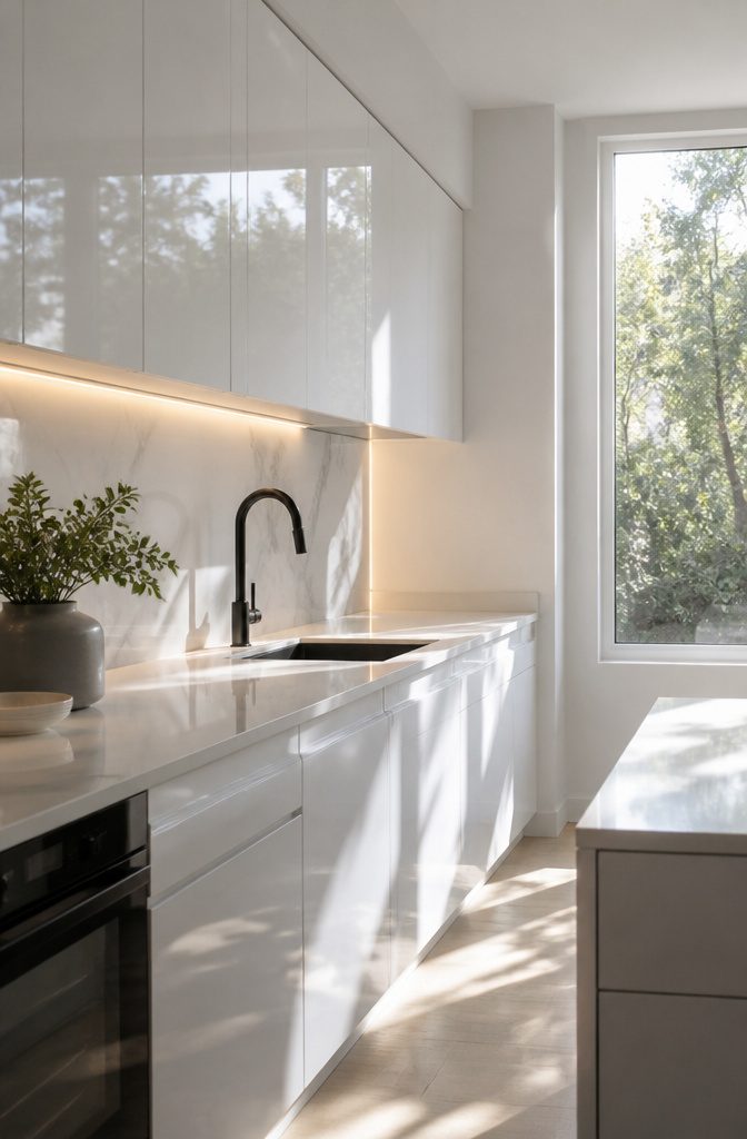 20 Sleek Kitchen Design Modern Luxury Ideas for Your Home 7 High-gloss white cabinetry and countertops brighten a compact kitchen.