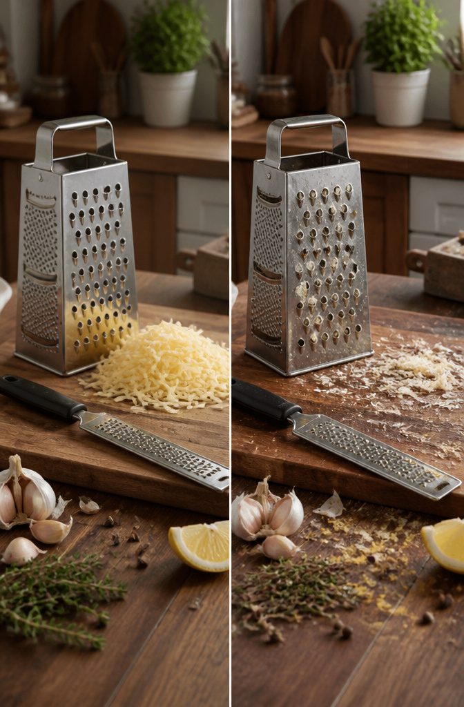 Essential Kitchen Tools: A Complete Guide for Home Cooks 18 A box grater on a kitchen counter with various grating surfaces.