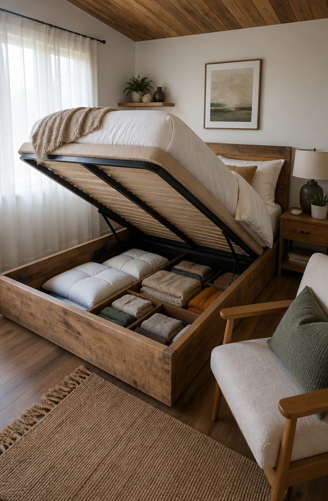 7 Smart Storage Solutions for Small Spaces in Tiny Houses 7 A lift-up bed with a compartment for seasonal clothing.