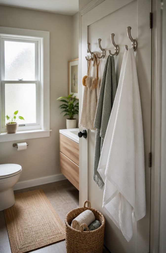 10 Small Apartment Storage Hacks to Reclaim Every Square Foot 8 Brushed metal hooks on a bathroom door holding towels and accessories.