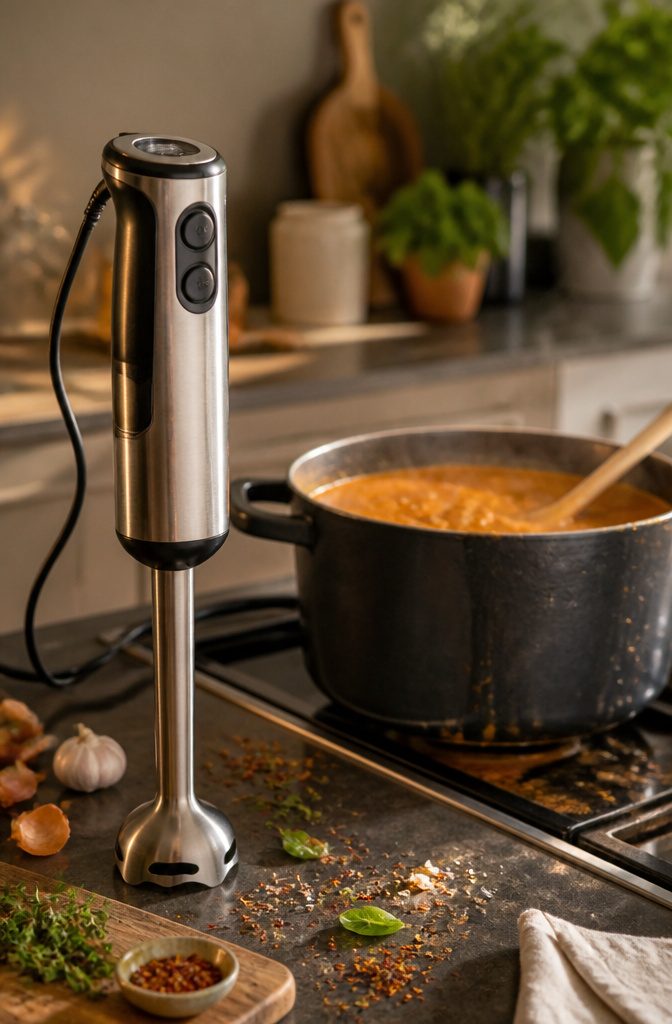 Essential Kitchen Tools: A Complete Guide for Home Cooks 21 An immersion blender next to a pot of soup on a countertop.