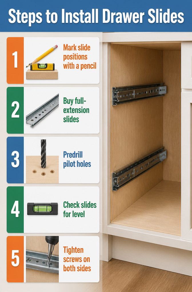 Pullout Drawers in Cabinet: Types, Costs, and Installation Guide 4 Drawer slides are being positioned and marked inside a cabinet.