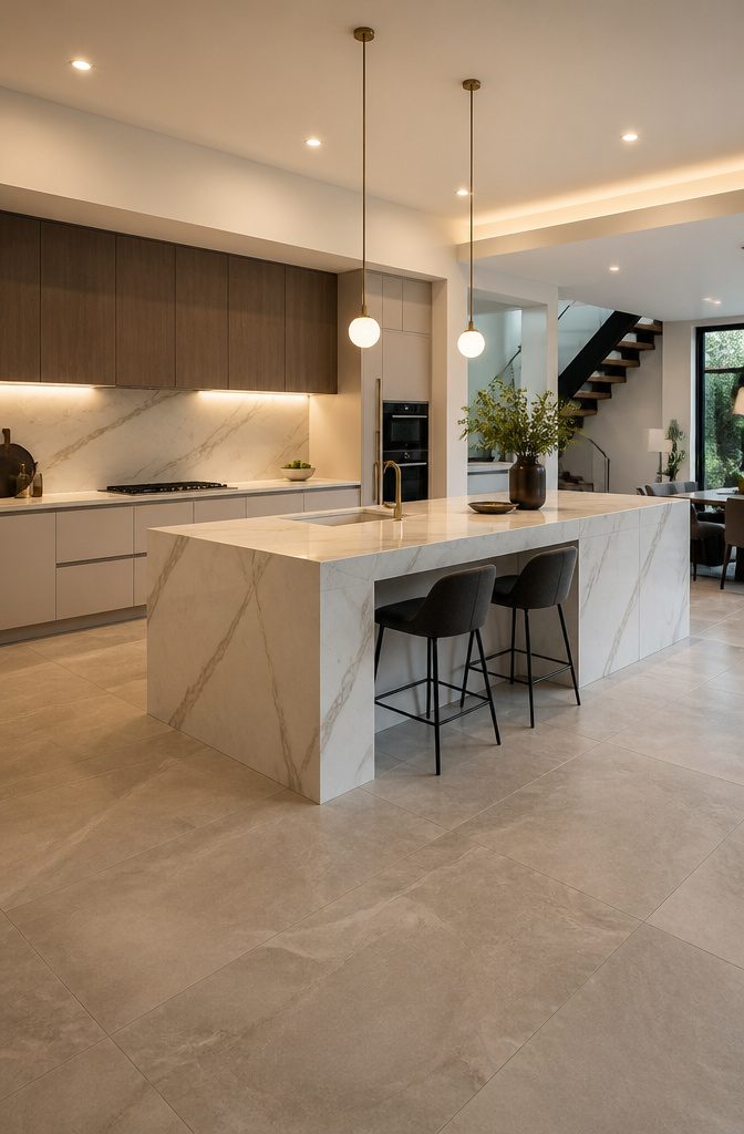 20 Sleek Kitchen Design Modern Luxury Ideas for Your Home 3 A kitchen island with a waterfall edge and seating for casual dining.