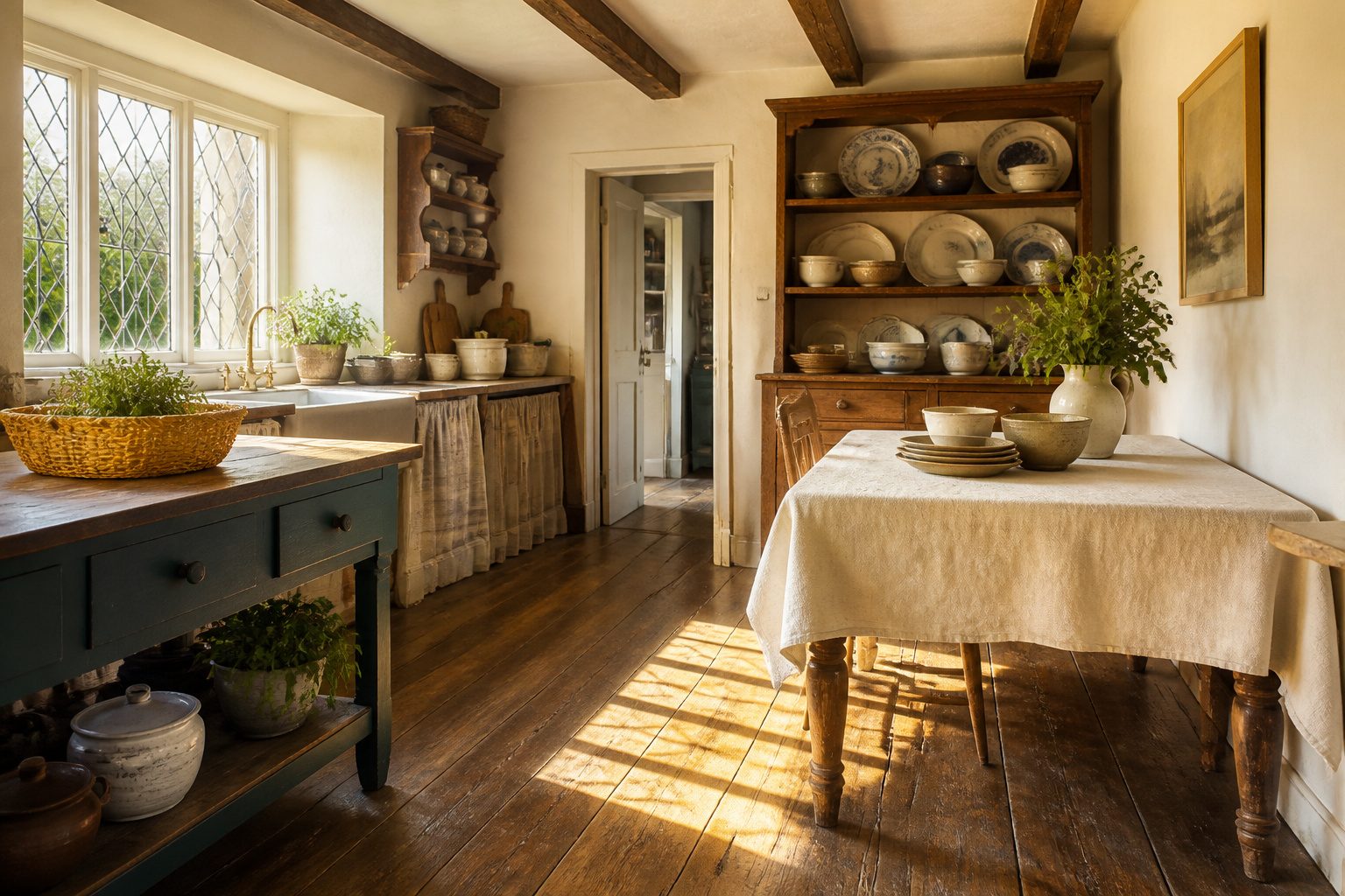 A cozy country kitchen featuring rustic elements and modern comforts.