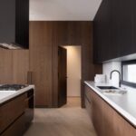 Modern kitchen with dark wood paneled walls and a seamless flush pantry door.