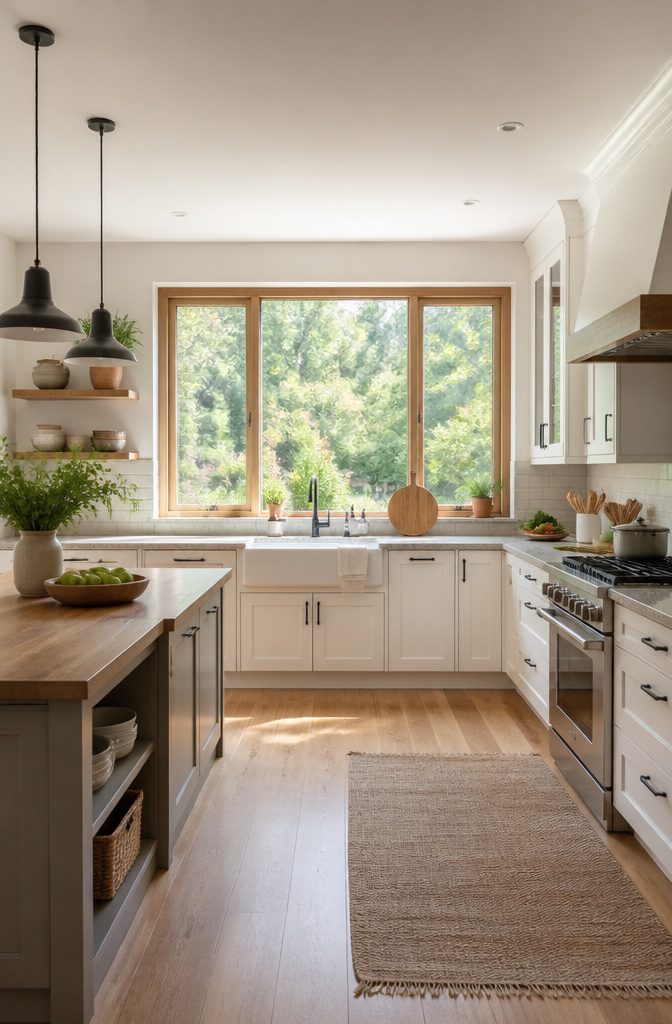 15 Kitchen Window Styles for Light, Views & Fresh Air 2 A large picture window above a kitchen sink with a view.