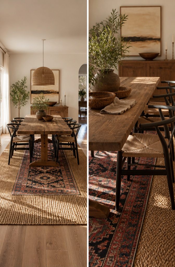 A large jute rug with a smaller colorful rug on top.