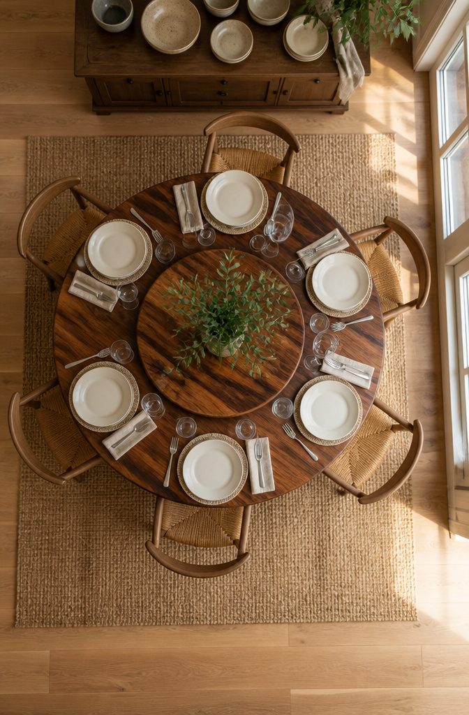 20 Small Apartment Dining Room Ideas for Tight Spaces 11 Wood Lazy Susan placed on a small dining table.