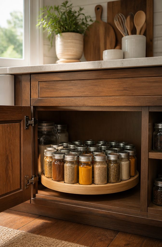 A bamboo Lazy Susan with glass jars of spices in a kitchen cabinet.