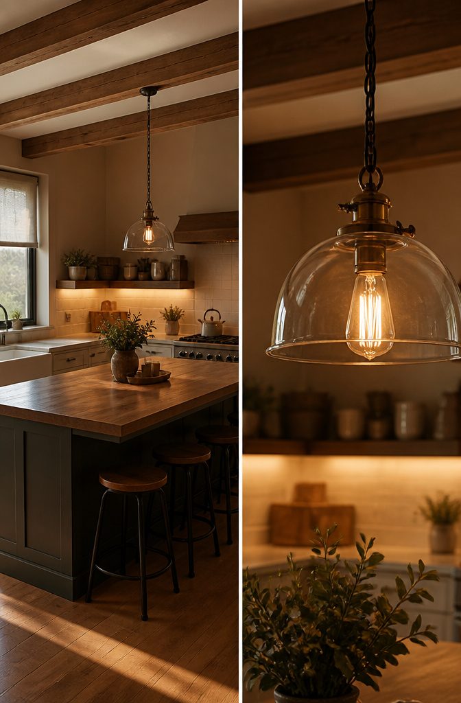 Pendant lights hanging over an island in a country kitchen.