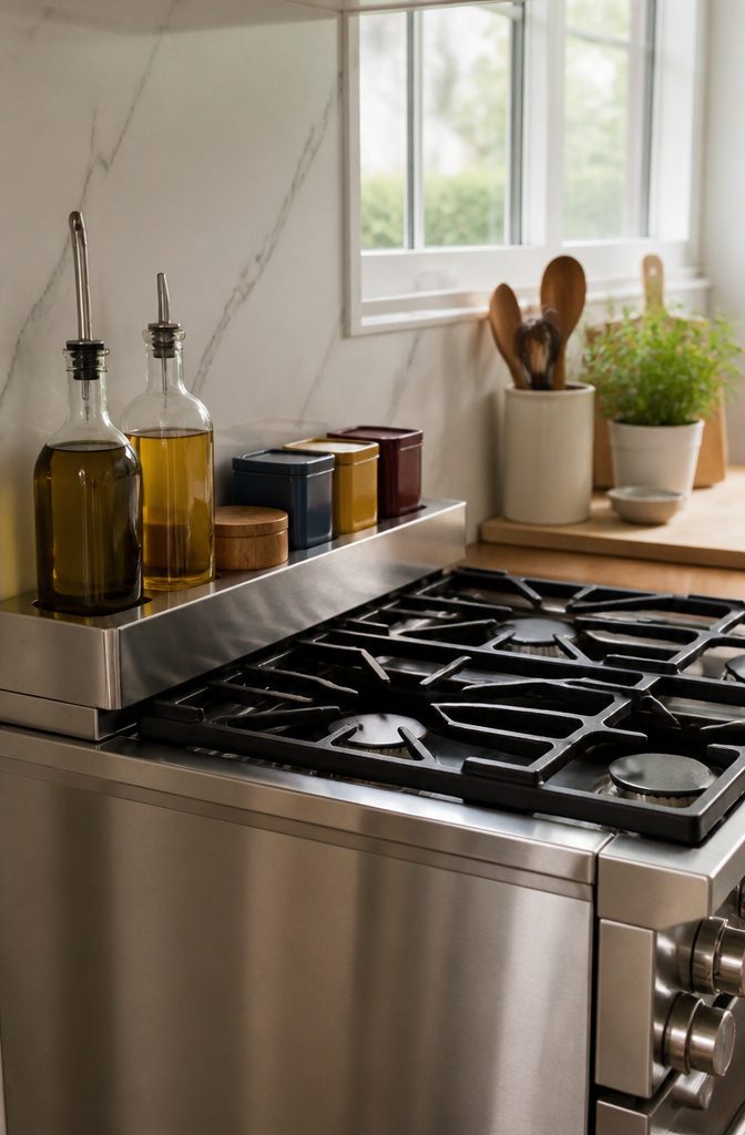 15 Kitchen Storage Ideas That Maximize Every Drawer and Shelf 2 Magnetic stove shelf with oil bottles and spice tins on a stove.